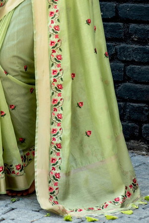 Pista green color linen cotton saree with embroidery work