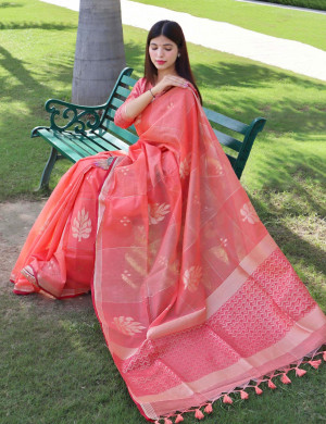 Peach color pure linen silk saree with zari weaving work