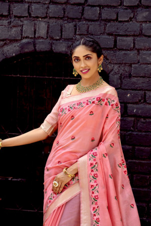 Baby pink color linen cotton saree with embroidery work