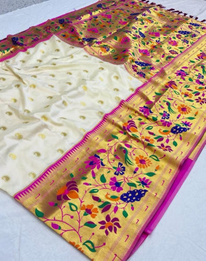 White color paithani silk saree with golden zari woven work