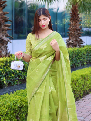 Mehndi green color pure linen silk saree with zari weaving work