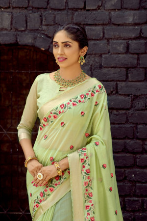 Pista green color linen cotton saree with embroidery work