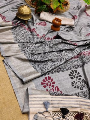 Gray color soft mulberry silk saree with zari woven border