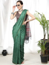 Green color soft cotton saree with ajrakh printed pallu