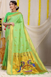 Light green color paithani silk saree with golden zari weaving work