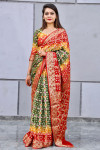 Mahendi green and red color hand bandhej silk saree with zari weaving work