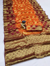 Orange and red color art silk saree with zari weaving work