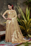 Beige color linen silk saree with zari woven work