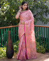 Baby pink color linen silk saree with golden zari weaving work