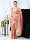 Peach color linen silk saree with zari weaving work