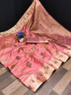 Baby pink color organza silk saree with zari weaving work