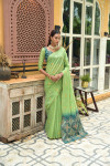 Green color linen silk saree with zari weaving work