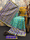 Royal blue and sea green color soft cotton saree with patola printed work