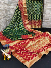 Dark green and red color art silk saree with zari weaving work