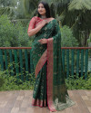 Dark green color banarasi silk saree with golden zari weaving work
