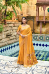 Yellow color linen silk saree with zari woven work