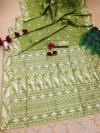 Mehndi green color raw silk saree with zari weaving work