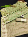 Parrot green color organza silk saree with zari weaving work