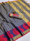Navy blue color cotton silk saree with zari woven work