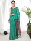 Sea green color soft cotton saree with ajrakh printed pallu
