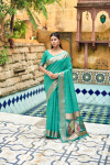 Green color linen silk saree with zari woven work