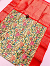 Pista green and red color fancy silk saree with digital printed work