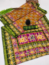 Mustard yellow and green color soft cotton saree with patola printed work