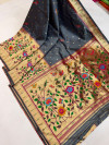 Gray color paithani silk saree with golden zari weaving work