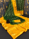Dark green and yellow color soft art silk saree with zari weaving work