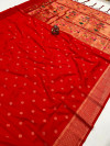 Red color paithani silk saree with copper zari weaving work
