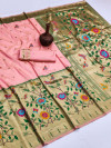 Baby pink color paithani silk saree with golden zari weaving work