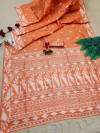 Orange color raw silk saree with zari weaving work