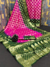 Pink and green color soft art silk saree with zari weaving work