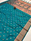 Rama green color paithani silk saree with copper zari weaving work