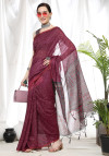 Magenta color soft cotton saree with ajrakh printed pallu