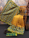 Green and mustard yellow color soft cotton saree with patola printed work