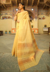 yellow color tussar silk saree with zari woven border