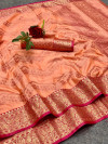 Peach color linen silk saree with goloden  zari weaving work