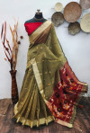 Mahendi green color raw silk saree with zari woven work
