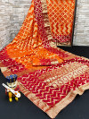 Orange and red color art silk saree with zari weaving work