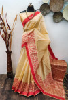 Off white color raw silk saree with woven work