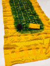 Green and yellow color hand bandhej silk saree with zari weaving work