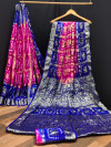 Rani pink and blue color bandhej silk saree with zari weaving work