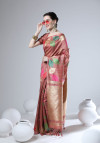 Peach color tussar silk saree with zari woven work