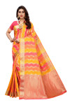 Yellow and pink color banarasi silk saree with zari woven work