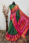 Green and pink color hand bandhej silk saree with zari weaving work