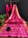Pink color soft bandhej silk saree with khadi printed work