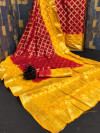 Red and yellow color soft art silk saree with zari weaving work