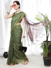 Mahendi green color soft cotton saree with ajrakh printed pallu