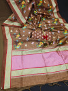 Brown color tussar silk saree with digital printed work